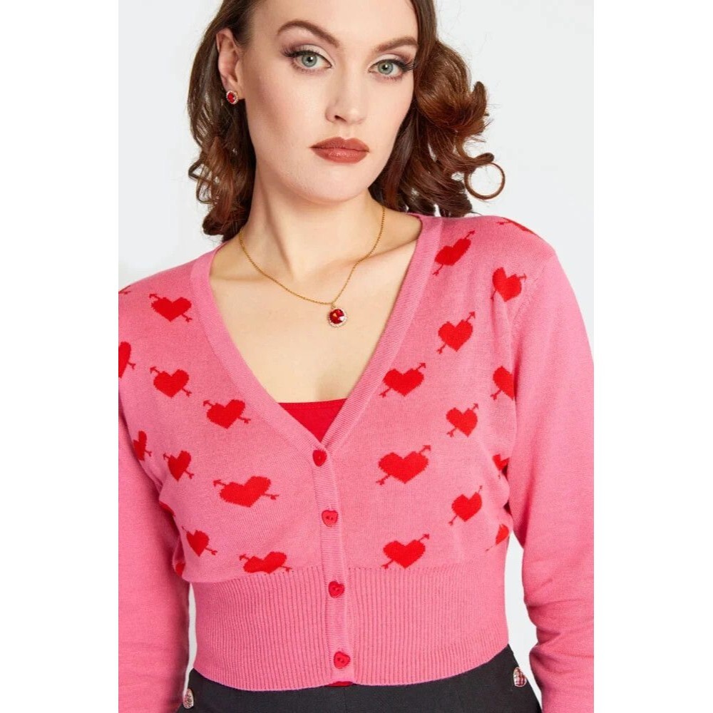 Voodoo Vixen Cupid Heart Cropped Cardigan Sweater M US 6 Pink Red Pin Up